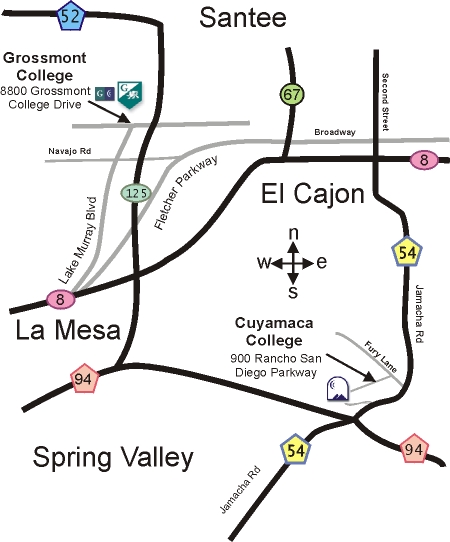 map showing locations of Grossmont and Cuyamaca Colleges