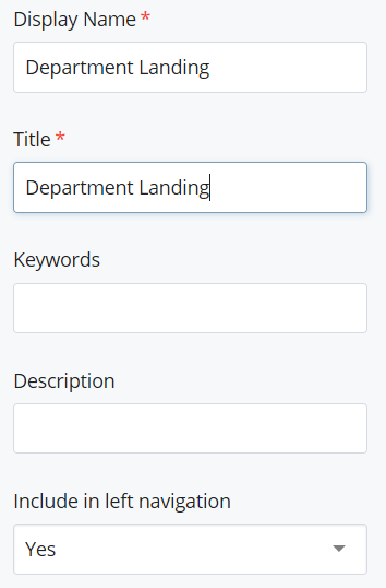 screenshot of fields: Display Name, Page Title, Keywords, Description, and Include in left navigation