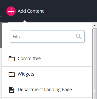 screenshot of the Add Content menu with 'Department Landing Page' displayed