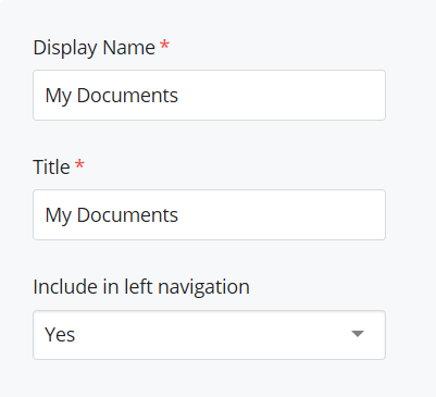 screenshot of fields: Display Name, Title, and Include in left navigation
