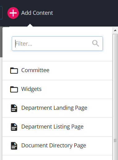 screenshot of the Add Content menu with 'Document Directory Page' displayed