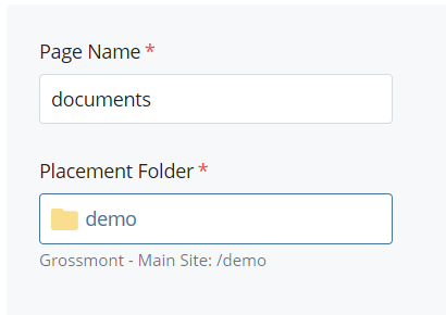 screenshot of fields for Page Name and Placement Folder