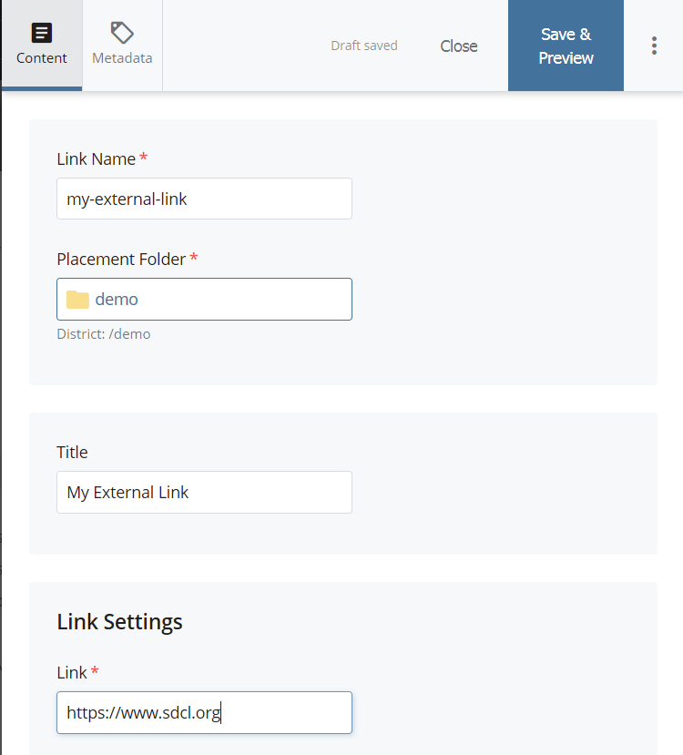 screenshot of External Link fields with 'My External Link' in the Title field