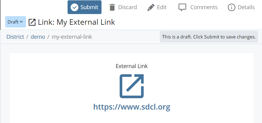 screenshot displaying draft with the external URL