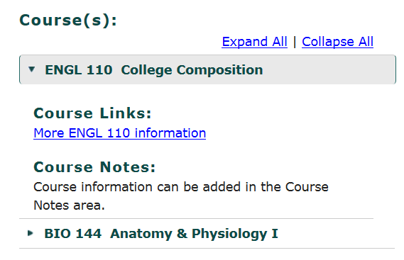 screenshot of a Course Link displayed in open accordion