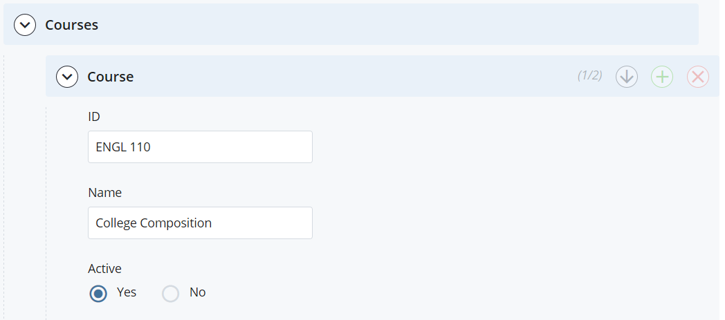 screenshot of the ID (ENGL 110) and Name (College Composition) fields for a course displayed