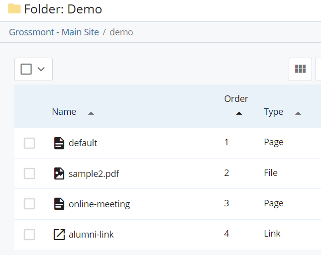 screenshot of pages and files listed under selected folder; Alumni and Friends is listed fourth