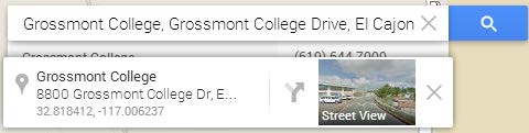 screenshot of Google maps showing Grossmont College coordinates