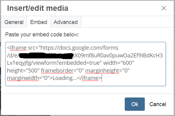 screenshot of the Insert Media, Embedl tab, with the iframe embed code from the Google Send Form window