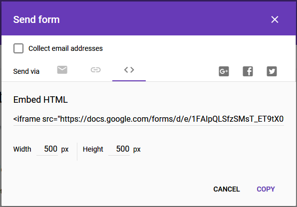 screenshot of the Google Send Form window with the Embed HTML option selected and the URL displayed
