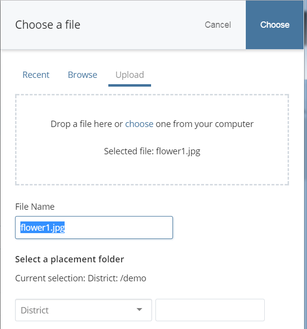 screenshot of Choose a file window with the flowers1.jpg entered
