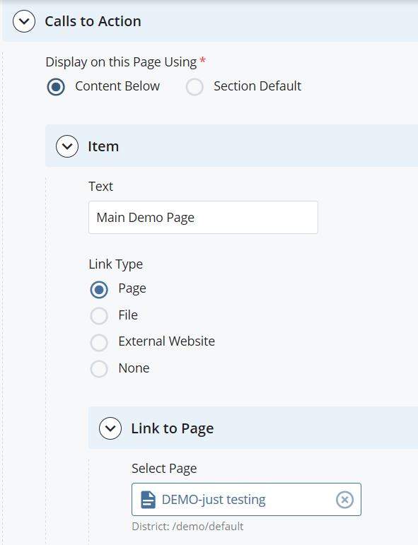 screenshot of Call to Action fields: text, link type, and link