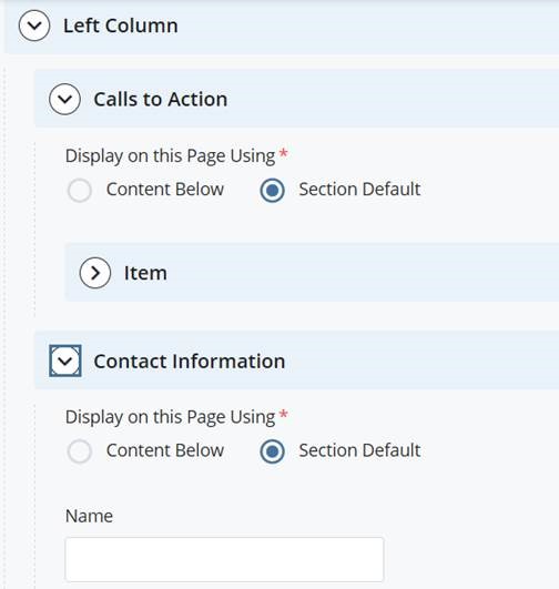 screenshot of Left Column showing 'Section Default' checked