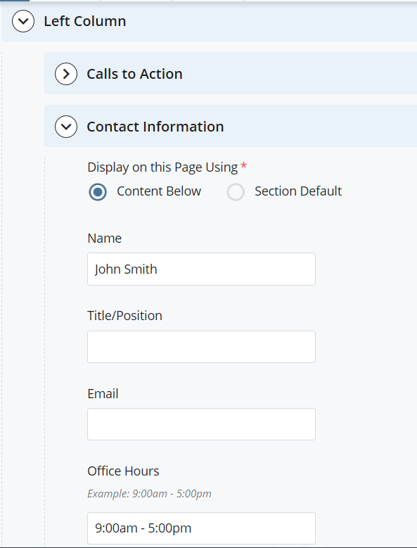 screenshot of Contact Information fields: name, title, email, and office hours