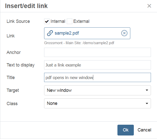 screenshot of Insert/edit link window with New window as the target and Title as 'pdf opens in new window'