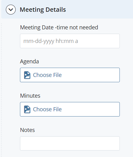 screenshot of meeting detail filelds: Date, Agenda, Minutes, and Note