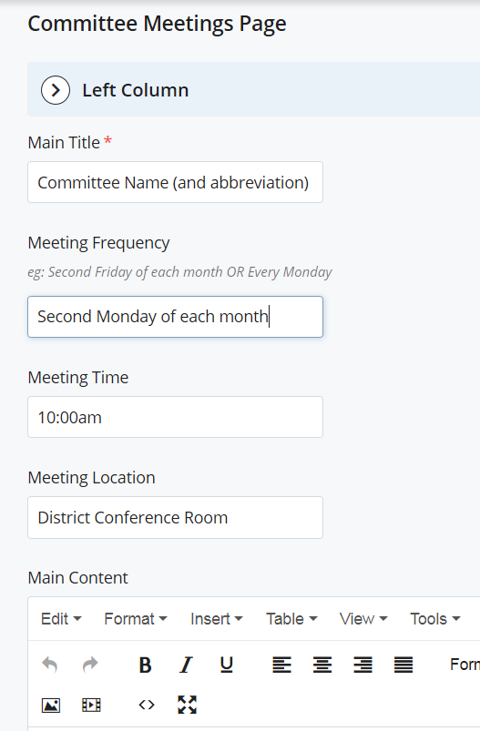 screenshot of meeting information fields: Main Title, Meeting Frequency, Time, and Location, and Main Content