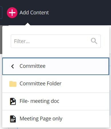 screenshot of the Add Content, Committee menu with options displayed