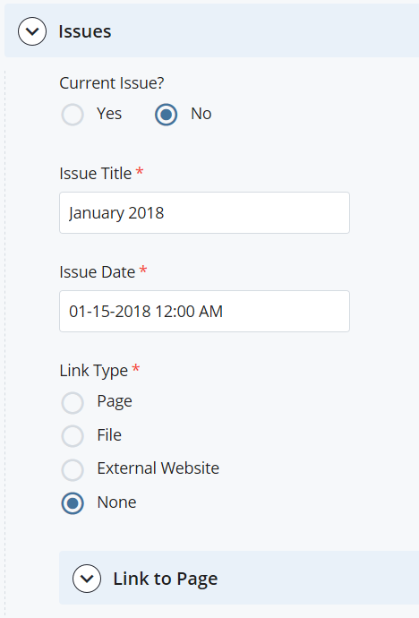 screenshot of Newsletter Issues with Current Issue, Issue Title and Date, and Issue Link fields displayed