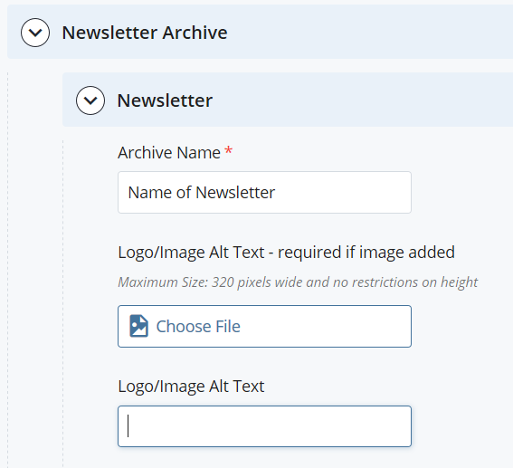 screenshot of Newsletter Archive Name, Choose Image File, and Alt Text fields displayed