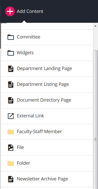 screenshot of the Add Content menu with 'Newsletter ArchivePage' displayed