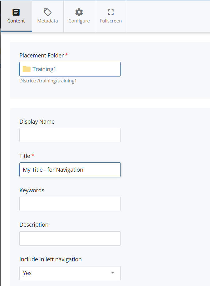 screenshot of content fields Display Name, Title, Keywords, Descrition, and Include in Left Navigation