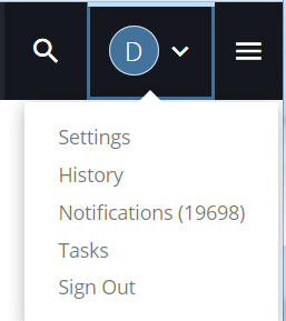 screenshot of dropdown menu for Settings, History, Notifications, Task, or to Sign Out