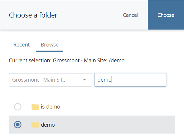 screenshot of Choose a Folder window with the demo folder selected