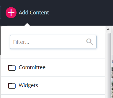 screenshot of the Add Content menu with 'Widgets' displayed