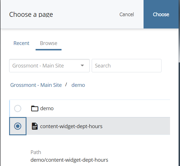 screenshot of the Choose a Page field. 'Brows'e is selected, and 'content-widget-dept-hours' is selected.