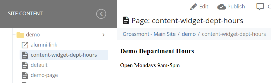 screenshot showing the 'content-widget-dept-hours' page in the selected folder