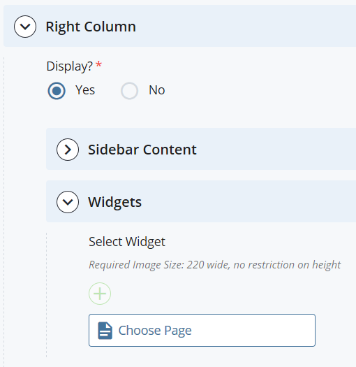 screenshot of the Right Column, Widget window with the Choose Page field displayed