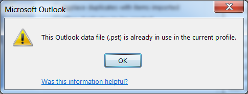 'outlook data file is already in use' screenshot