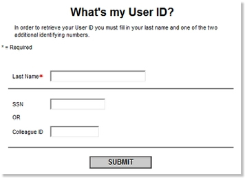 shows screenshot of the what's my user ID form with fields of Last Name and SSN and Colleague ID